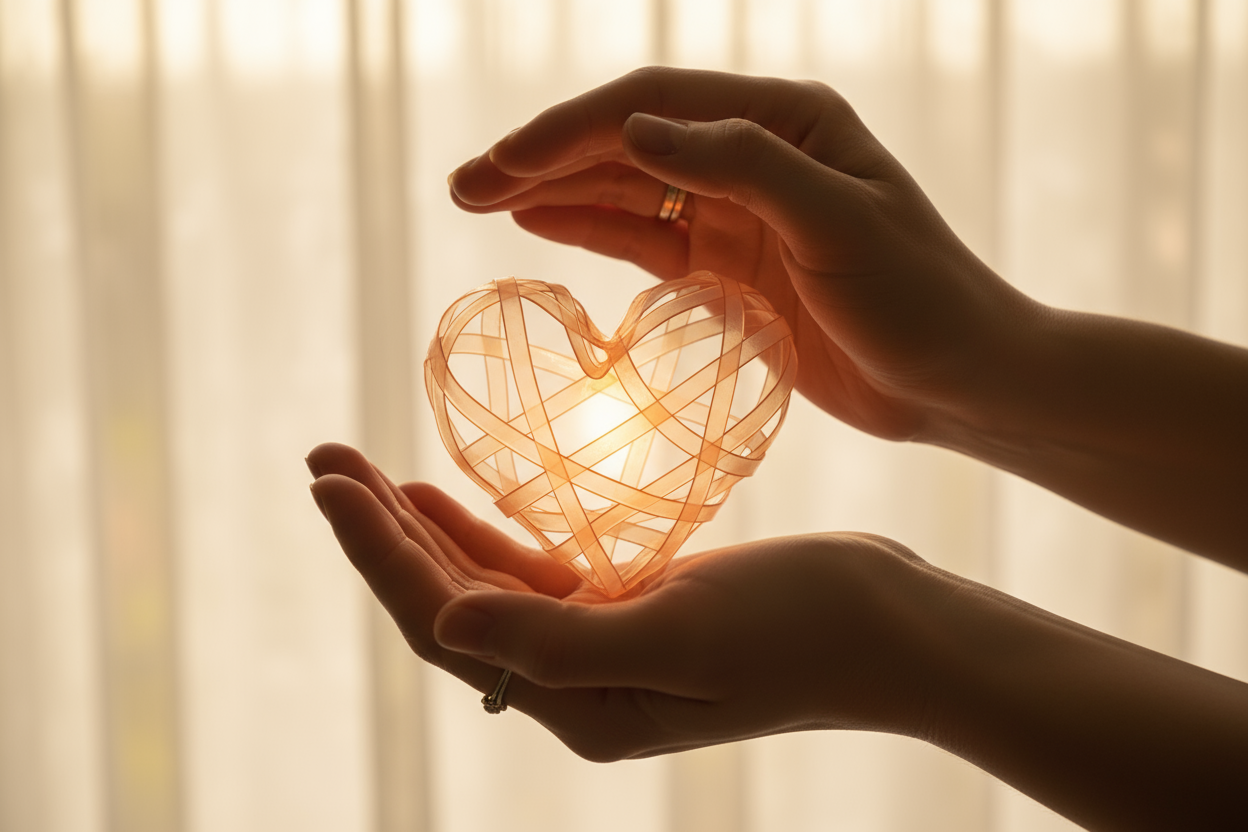 close up of women hands with heart in between them