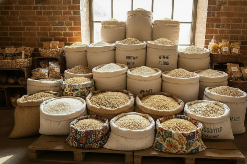 food bank bags of grains rice wheat essentials